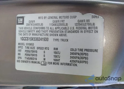 2003 Chevrolet S-10 Ls from USA, damaged, VIN 1GCCS19X538241930